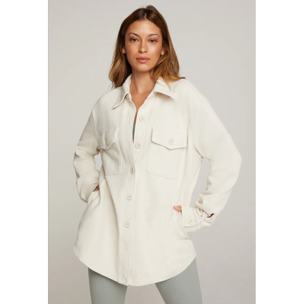 Good American Oversize Women's Shacket Cotton Fleece Jacket Size 3/4 Cream